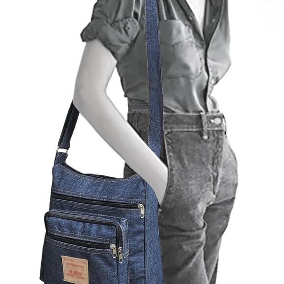 Denim Crossbody Bag Unisex Zipper Pockets Casual Travel Purse - Picture 7 of 7